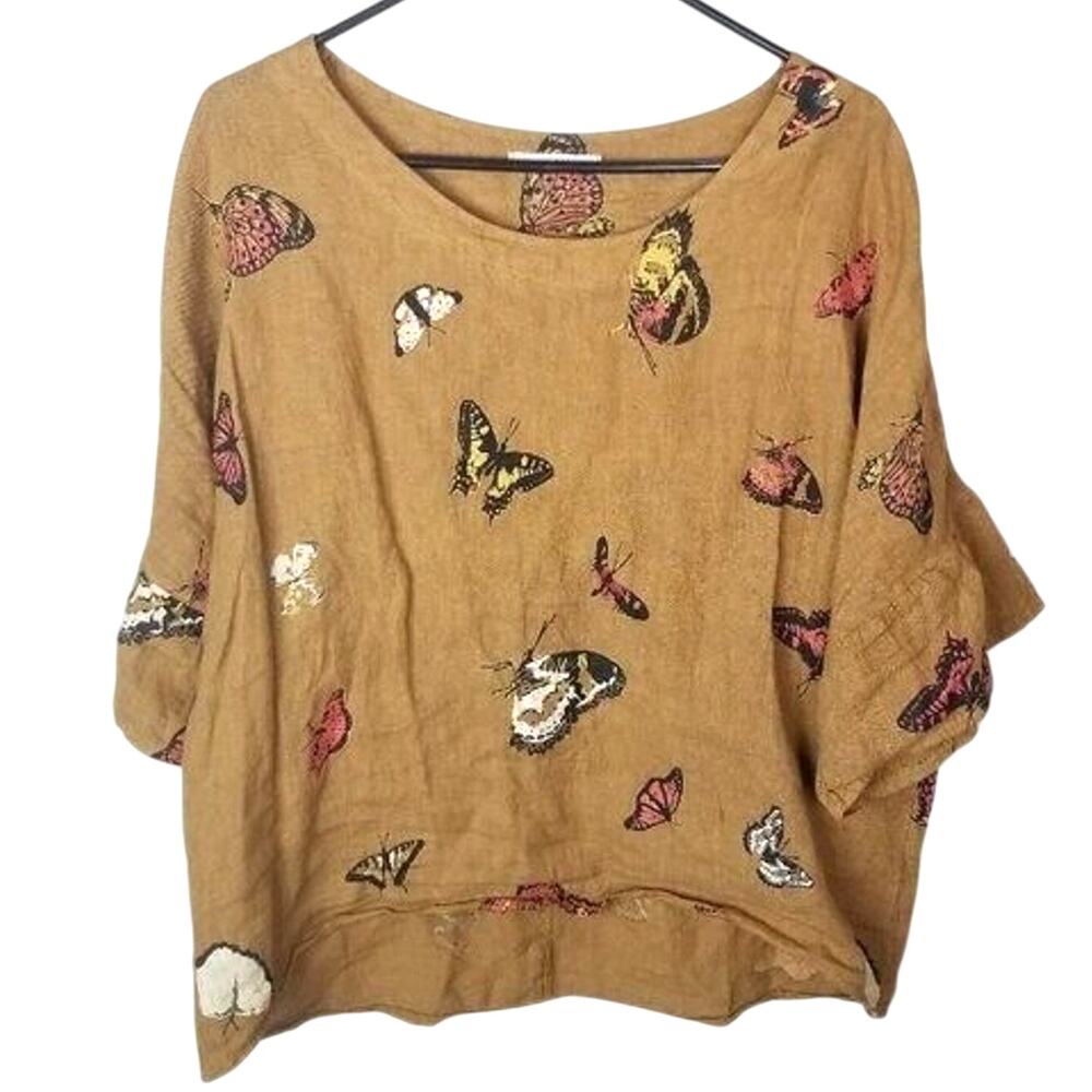 Viola Borghi Womens Butterfly Linen Tunic Top Size S Coastal Grandma Boho Resort